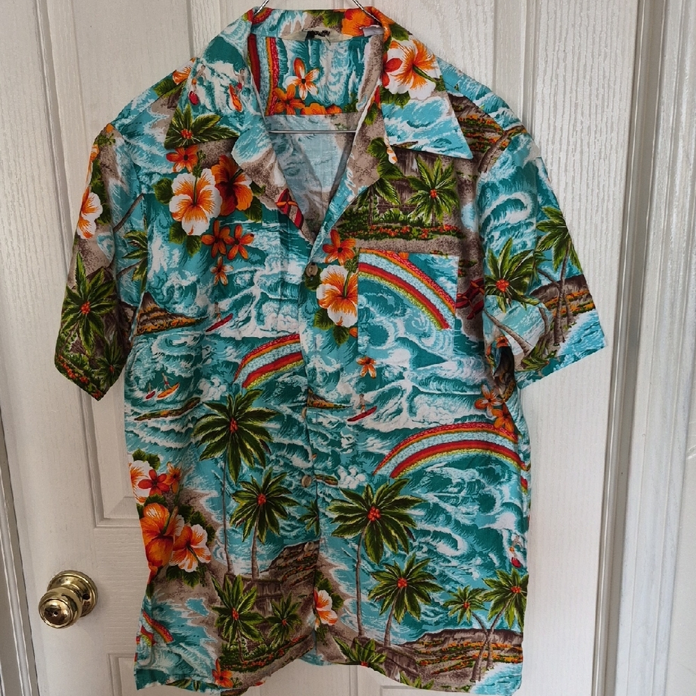 Royal Islander Floral Aloha Shirt in Turquoise, Orange & Green